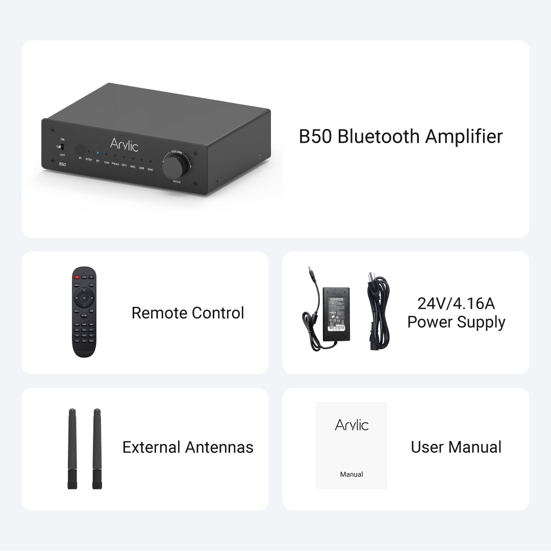 Arylic Bluetooth aptX HD ステレオアンプ、オーディオトランスミッター付き、2チャンネル 50W×2 アンプ、HDMI ARC、フォノ入力対応、aptX Adaptive(AD)音楽送信&受信サポート - B50
