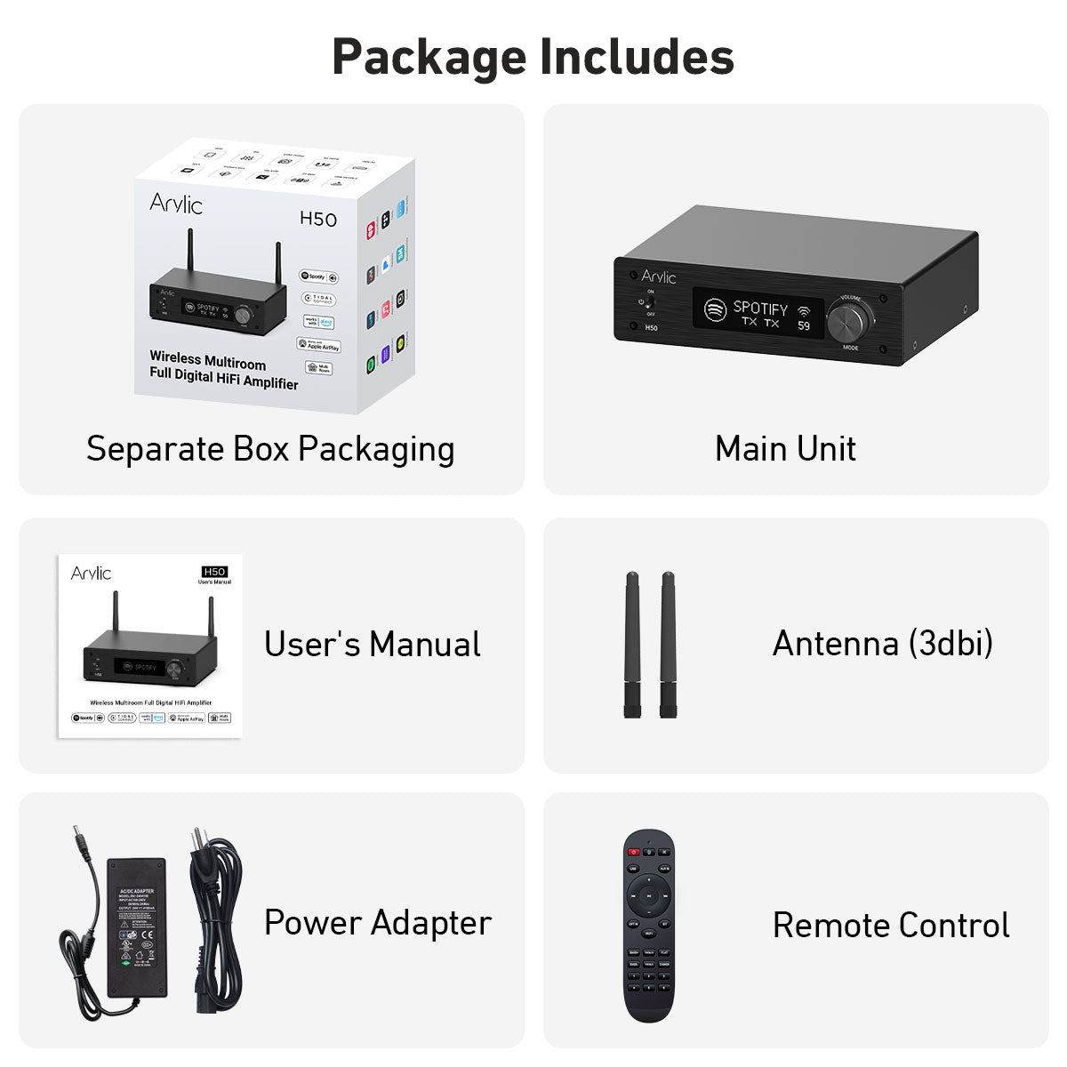 Arylic Hi-Fi マルチルーム WiFi アンプ、Bluetooth aptX HD、HDMI ARC、AirPlay 2、Spotify ストリーミング対応 無線ホームミュージック用 192KHz/24bit の音楽送受信をサポート 50W × 2 アンプ - H50