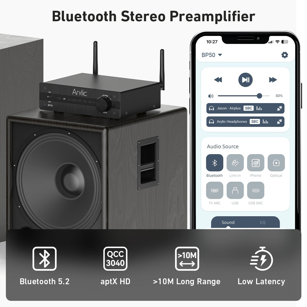 「BP50 aptX HD音楽レシーバー｜HDMI ARC、フォノ入力、RCA光出力付き｜AVレシーバーやステレオプリアンプ用｜GO Controlアプリ対応」