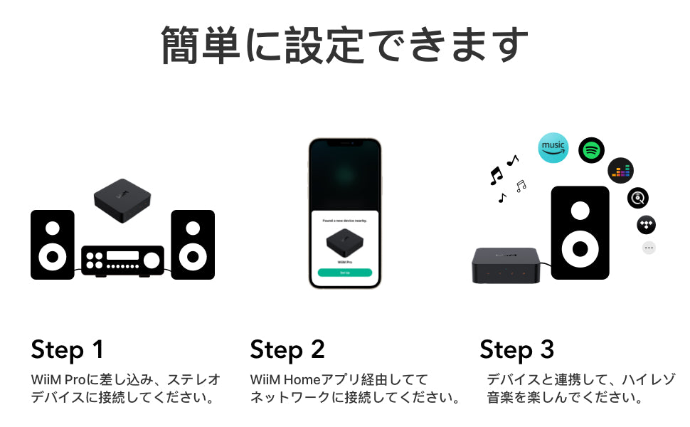 AirPlay 2 レシーバー、Chromecast Audio、WiFi Multiroom Streamer、Alexa、Siri、Google Assistantに対応、Spotify、Amazon Music、Tidalなどのハイレゾオーディオをストリーミング配信