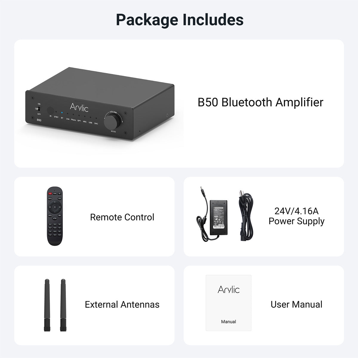 Arylic Bluetooth aptX HD ステレオアンプ、オーディオトランスミッター付き、2チャンネル 50W×2 アンプ、HDMI ARC、フォノ入力対応、aptX Adaptive(AD)音楽送信＆受信サポート - B50
