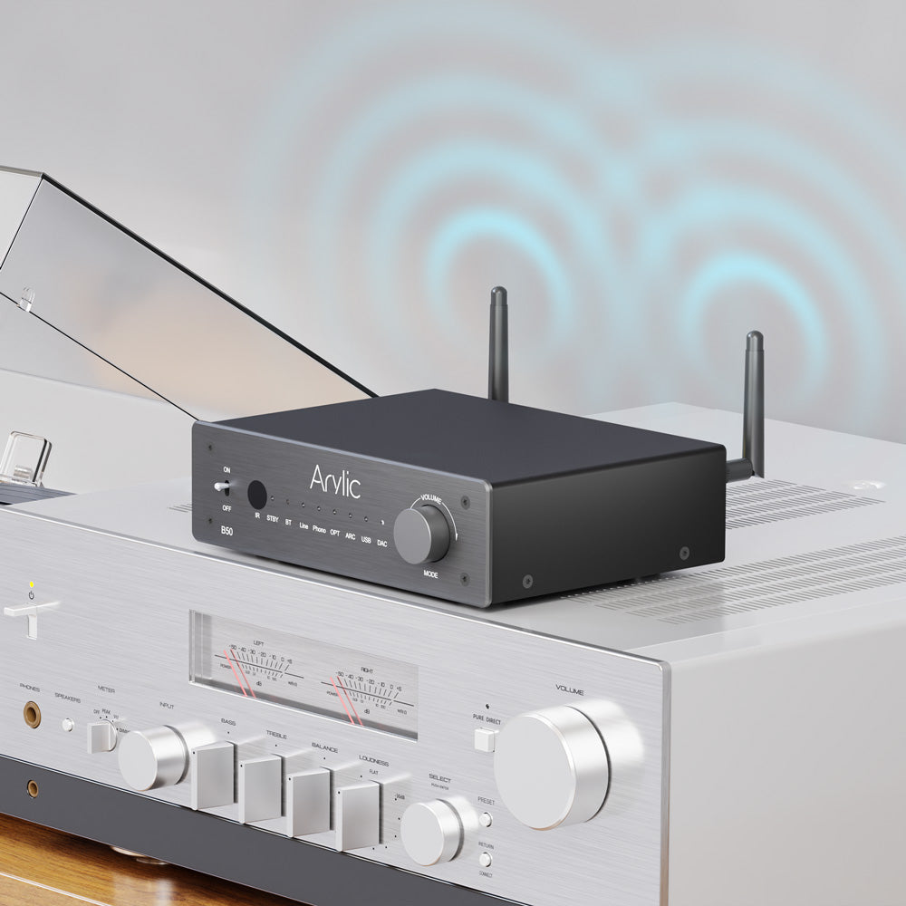 Arylic Bluetooth aptX HD ステレオアンプ、オーディオトランスミッター付き、2チャンネル 50W×2 アンプ、HDMI ARC、フォノ入力対応、aptX Adaptive(AD)音楽送信＆受信サポート - B50