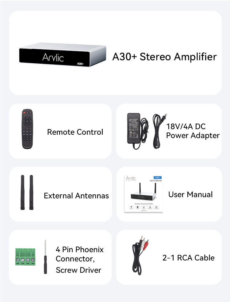 Arylic A30+ WiFi＆Bluetooth 5.0ミニステレオアンプ、2チャンネルClass Dワイヤレスアンプ、スピーカー用ホームアンプ、Spotify、AirPlay、マルチルーム/マルチゾーンデジタルオーディオスピーカーアンプ